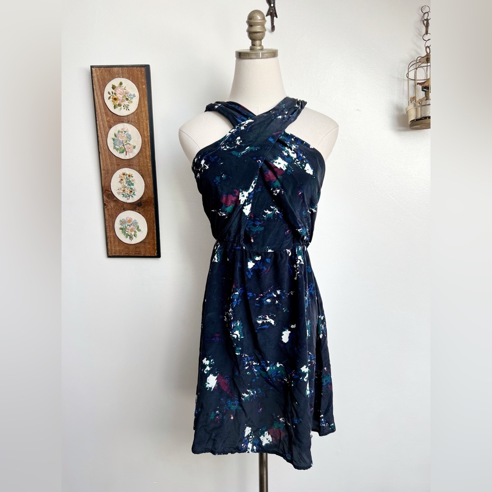 Amour Vert Ivonne Silk Crossover Abstract Print Mini Dress